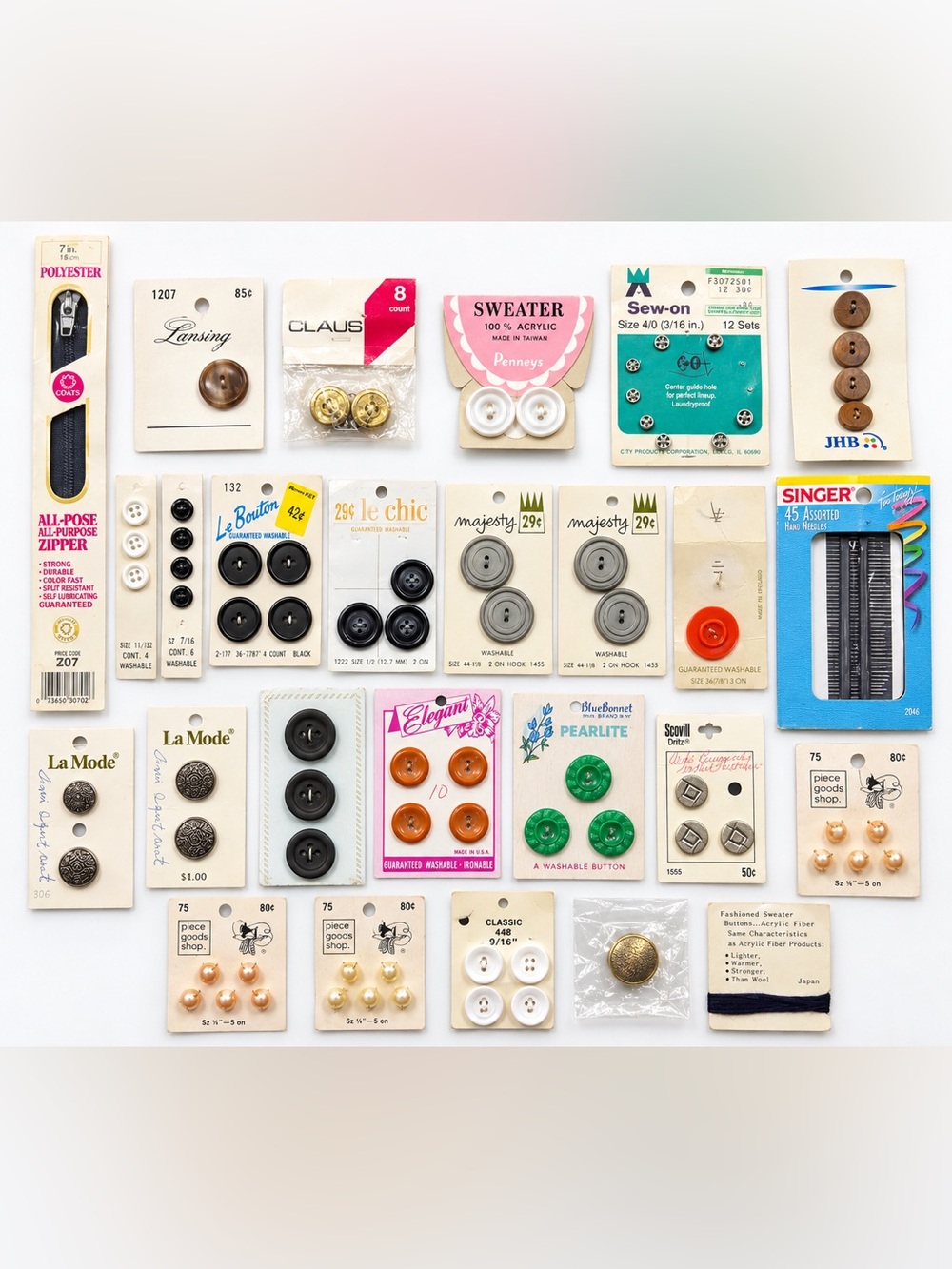 Vintage Sewing Notions Lot Buttons Needles Zipper Pearl Buttons NOS Craft Suppli
